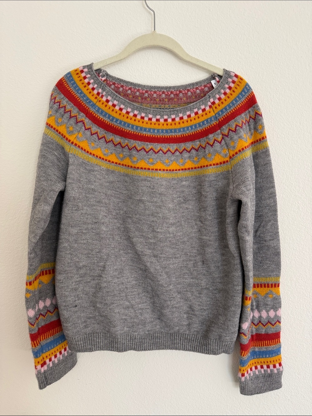 Grey Fair Isle Yoke Sweater with Multicolor Accents